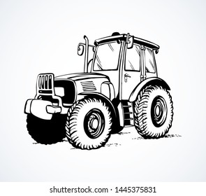 Сlassic village land agrimotor utility model with big rubber bus. Freehand line ink hand drawn icon sign logo picture sketchy in art scribble style pen on paper. Side view space for text on white land