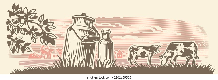 Village and landscape with can. Dairy farm cows