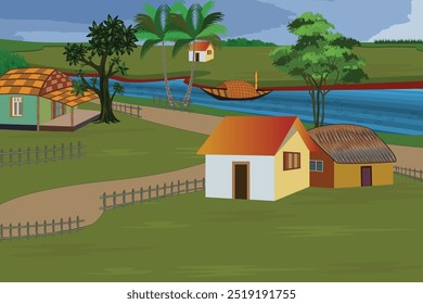 Village landscape cartoon background. Vector illustration featuring  houses, palm trees, lake with boats, dirt roads, fences, trees, and green field for animation or design projects