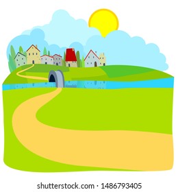 Village Landscape Cartoon Style Flat Illustration Stock Vector (Royalty ...