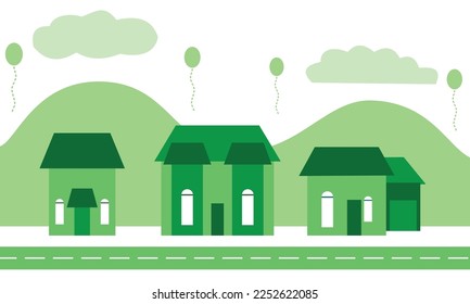 Village landscape, city house district, and hills vector illustration