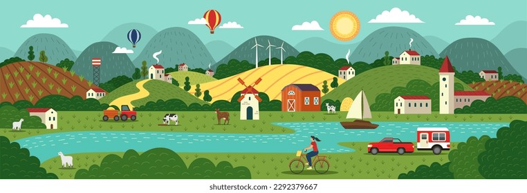 Village landscape. Countryside scenery. Mountains and agricultural fields. City town. Tree and farm house in clouds. Minimal green hill meadows. Vector tidy flat summer urban panorama