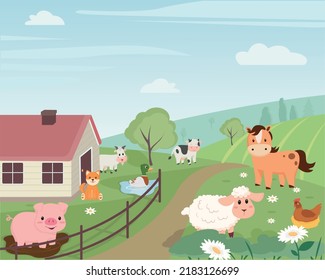 Village landscape with farm animals. Flat vector illustration