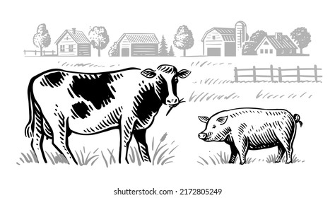 Village and landscape farm. Domestic Animals