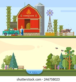 Paisaje rural. Granja, heno, lago, bosque, campo. Granjero, vaca, auto. Ilustración plana del vector