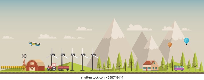 Village landscape. Farm and mountains, wind turbine. Vector flat illustration