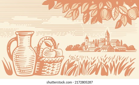 Village landscape with farm products vector drawing.