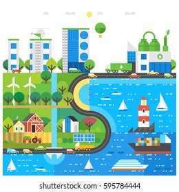 Village and landscape flat illustration. Modern city. Ecological holidays. Infographic - modern city, industry, ecosystem and travel. Flat design. Environmental production