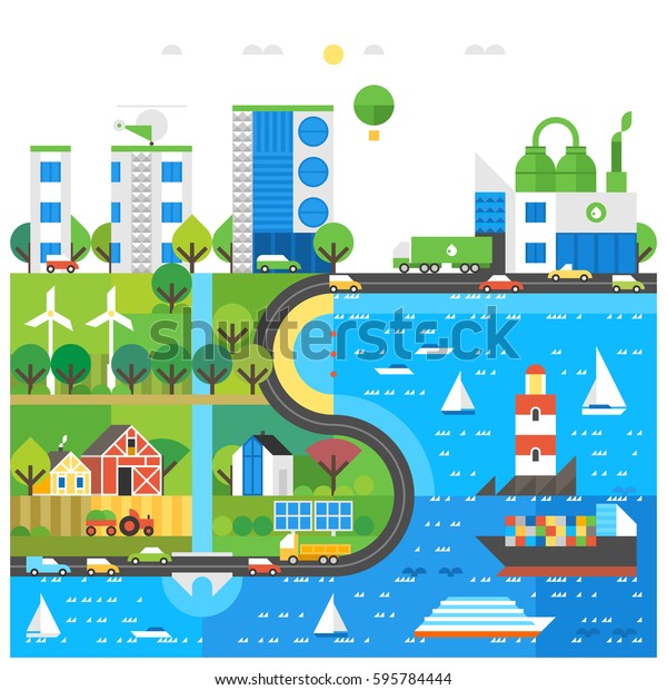 Village Landscape Flat Illustration Modern City Stock Vector (Royalty ...