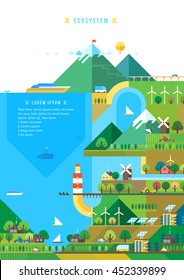 Village and landscape flat illustration. Mountain landscape. Ecological holidays. The development of agriculture.