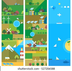 Village and landscape flat illustrations. Mountain landscape. Ecological holidays. The development of agriculture. Flat design. Vertical banners.