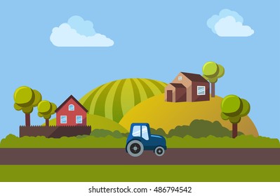 Village landscape in flat style. Vector illustration.