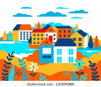 Village landscape flat vector illustration. Buildings, hills, lake, flowers and trees, abstract background for header images for websites, banners, covers 