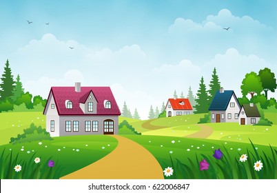 Village landscape with green lawns, hills and country houses under blue sky with clouds
