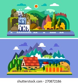 Village landscape: house in mountains, river, sea, waterfall, forest. Vector flat illustrations