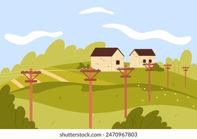 Village landscape with houses on green fields, high voltage electric power towers vector illustration