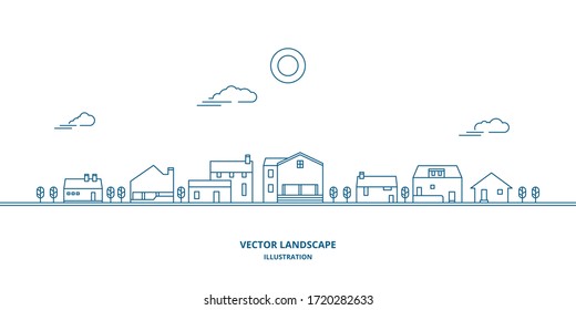 village landscape with houses and trees. Suburban landscape. Thin line design style vector.