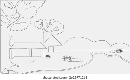 Village landscape line art featuring traditional rural houses, trees, rivers, and natural scenery is perfect for educational illustrations.