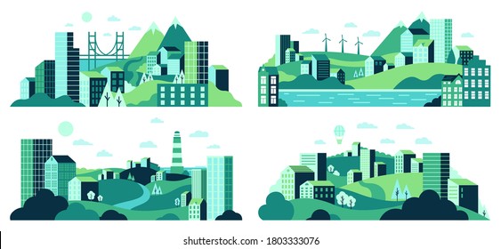 Village landscape. Minimalist town views, city house district, daytime landscape with buildings, trees and hills vector illustration set. Town and village landscape view, house building