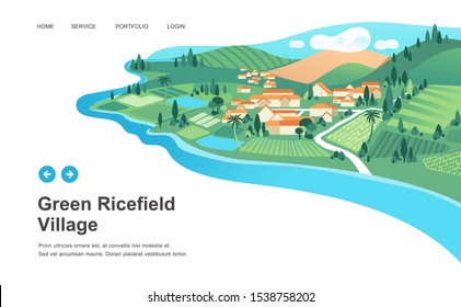 village landscape with mountain around, trees, houses, river and ricefield. nature and landscape vector illustration.