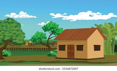 Village landscape with mud house with tiles roof.Poor shack house background vector illustration