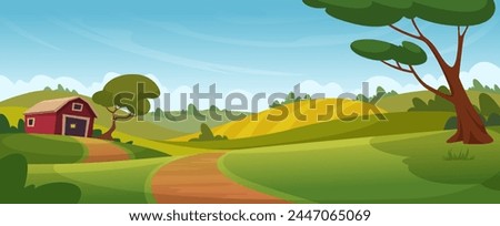 Village landscape with old house on green outdoor horizon grass and sky