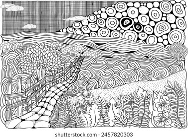 Paisaje del pueblo. Camino con una valla de madera, hierba, flores, campos y cielo con nubes. Página de libro para colorear. Ilustración vectorial en blanco y negro. Estilo Doodle.