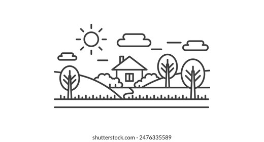 Paisaje de la aldea con el camino a la casa de los agricultores a través de campos con árboles, Ilustración vectorial icono de línea