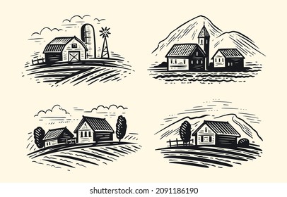 Village landscape sketch. Vintage vineyard farm. Hand drawn agricultural plantation with rustic houses