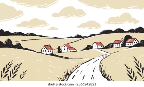 village landscape sketching vector illustration