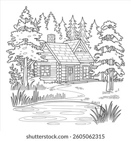 village landscape with trees and houses coloring book