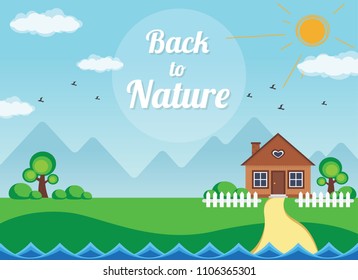 A village landscape with trees and mountains, back to nature vector illustration