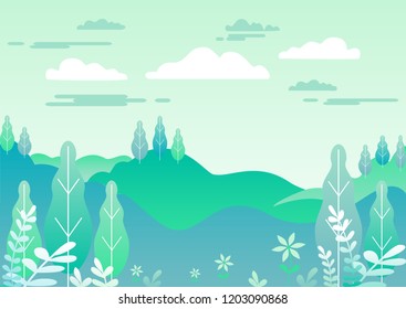 Dorflandschaft in trendiger, flacher und linearer Vektorgrafik. Berge und Hügel, Blumen und Bäume, abstrakter Hintergrund mit Kopienraum für Bilder von Header für Websites, Banner, Cover