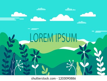 Village landscape in trendy flat and linear style vector illustration. Mountains and hills, flowers and trees, abstract background with copy space for header images for websites, banners, covers