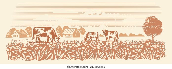 Village and landscape vector farm with cows
