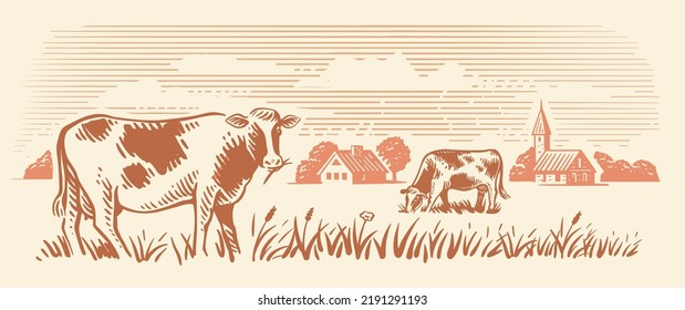 Village and landscape vector farm with cows