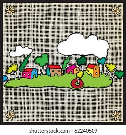 village landscape woodcut