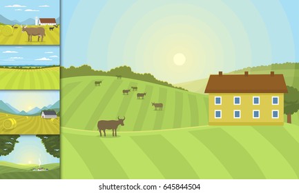 Village landscapes vector illustration farm house agriculture graphic countryside
