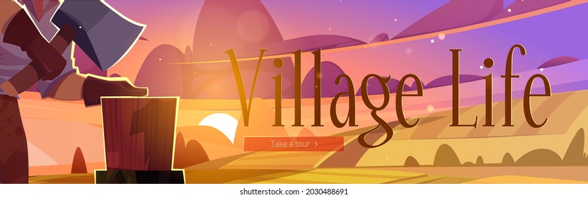 Village life cartoon web banner, man villager with axe chop firewood on rural countryside dusk landscape background with scenery field and pink sky. Lumberjack cutting wood logs, vector illustration