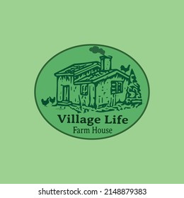 Village Life Farm House Animals Vectors Logo Illustration Vintage Design Drawing with Green Background Art 