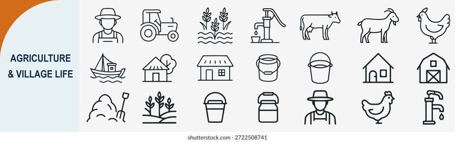 “Agriculture and village life linear icon set, organic farming vector symbols”