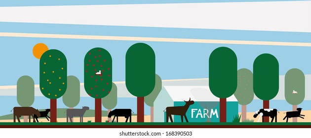 Village life. Simple flat image of rural landscape.