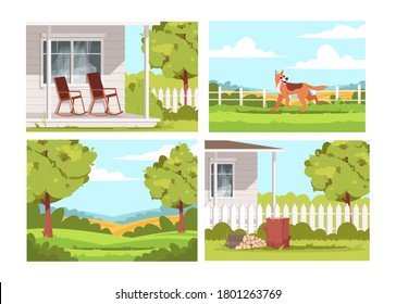 Village lifestyle semi flat vector illustration set. Villa patio with empty armchairs. Dog play outside ranch. Scenic greenery. Farmhouse 2D cartoon landscape collection for commercial use