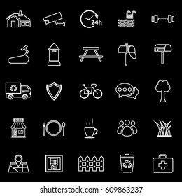 Village line icons on black background, stock vector