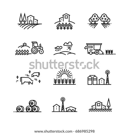 Village line landscapes with agricultural field and farm buildings. Linear farming vector concepts. Farmland and field, illustration of agriculture garden and plantation