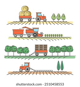 Village line sowing and harvesting. Linear agricultural farming and harvesting combine harvester tractor trailer isolated vector illustration