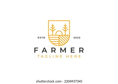 Village Logo Illustration of Farm Field, Sunrise and Tree on Shield Shape. Vintage Style Logo Badge.