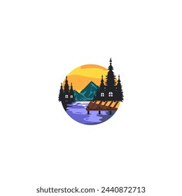 village logo with lake and mountain sunset background. House Tree and Sun Illustration Simple Logo. Life Style Branding. suitable for business rent, hotel, social community and family recreation, etc