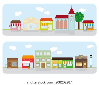 Village Main Street Neighborhood. Vector Illustration of small town main street with shops, church, bar and public buildings. All objects are grouped, text on separate layer. Flat design, no gradients