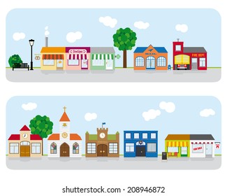 Village Main Street Neighborhood. Vector Illustration Of Small Town Main Street With Shops, Church And Public Buildings. All Objects Are Grouped, Text On Separate Layer. Flat Design, No Gradients